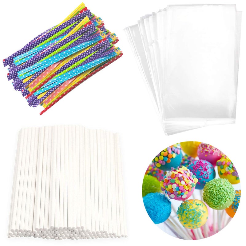 Repinsta Lollipop Cake Pop Treat Bag Set Including 100pcs Parcel Bags, Papery Treat Sticks, Colorful Metallic Twist Ties for Making Lollipops, Cake Pops, Candies, Chocolates and Cookies - Image 1